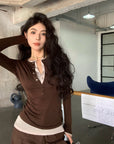 Two-in-One Contrast Long-Sleeve Versatile Layering Tee(BROWN)