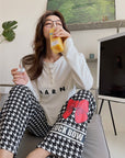Simple Letter Bow Plaid Pajama Set