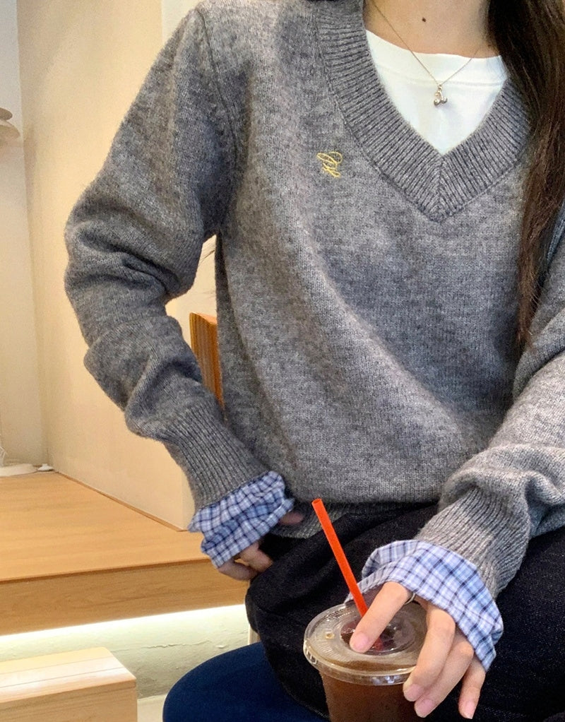 Grey Plaid Panel Knit Top – Faux Two-Piece Long Sleeve