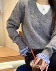 Grey Plaid Panel Knit Top – Faux Two-Piece Long Sleeve