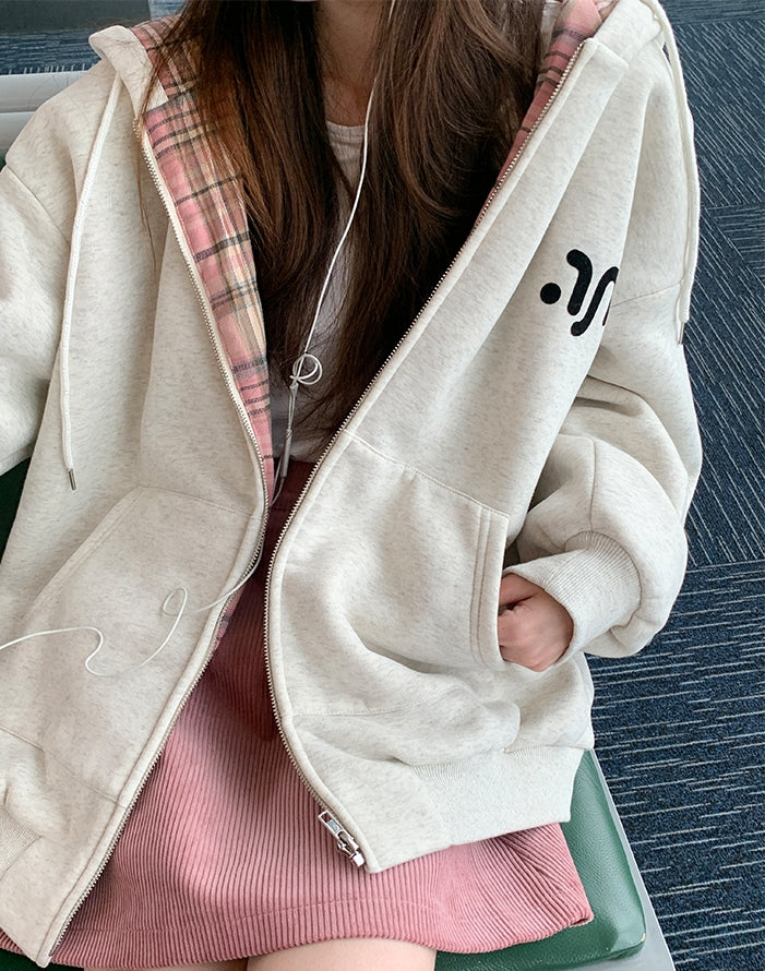 Korean-Style Colorblock Fleece-Lined Hoodie Jacket