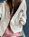 Korean-Style Colorblock Fleece-Lined Hoodie Jacket