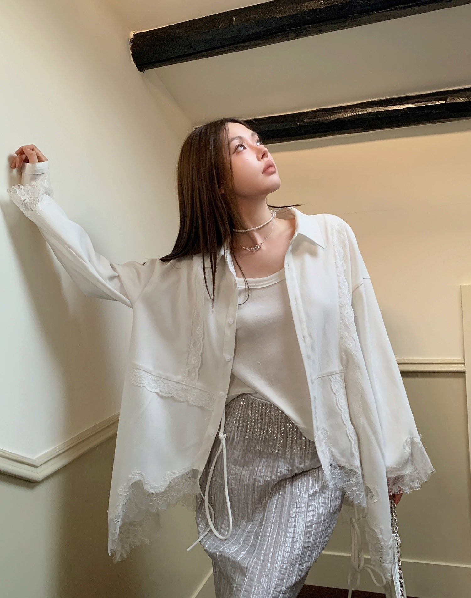 Designer Lace Panel Asymmetrical Shirt