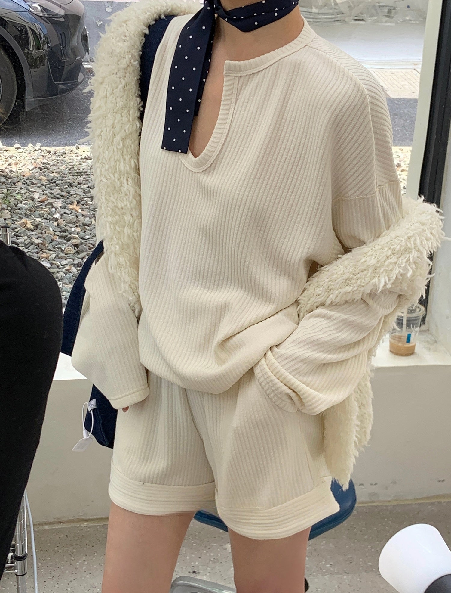 Loose Fit Ribbed U-Neck Drop Shoulder Long Sleeve Top