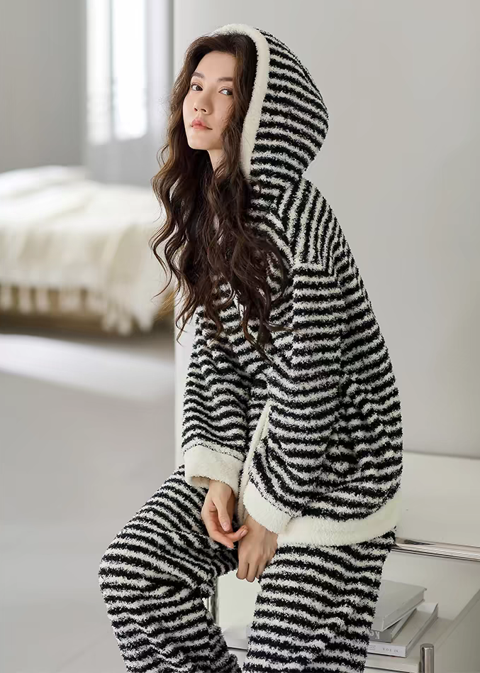 Upgraded Black & White Striped Flannel Loungewear Set