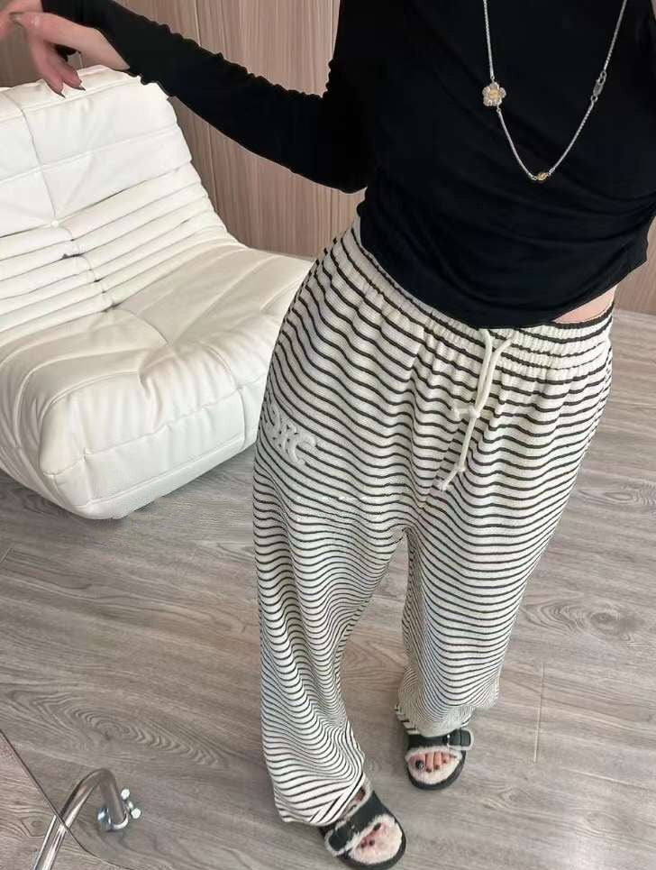 Striped Fleece-Lined Wide-Leg Pants