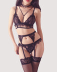 Lace Three-Piece Set Bondage Lingerie + Lace Stockings