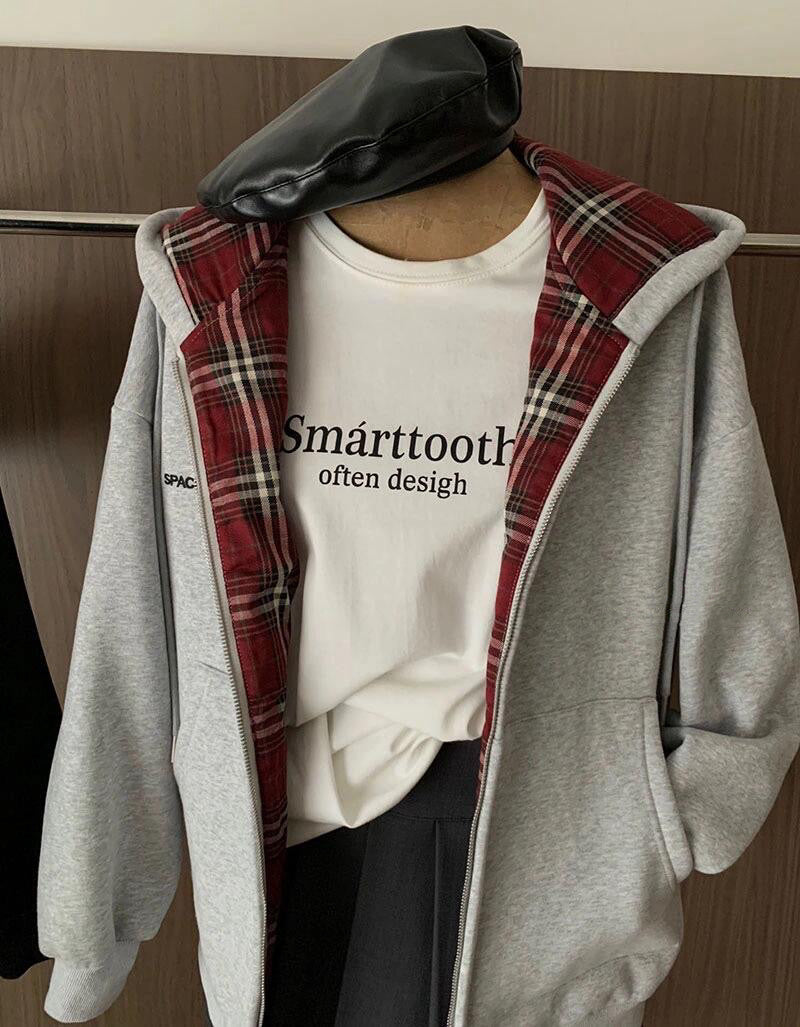 American BM Style Grey Plaid Fleece Hoodie (450g)
