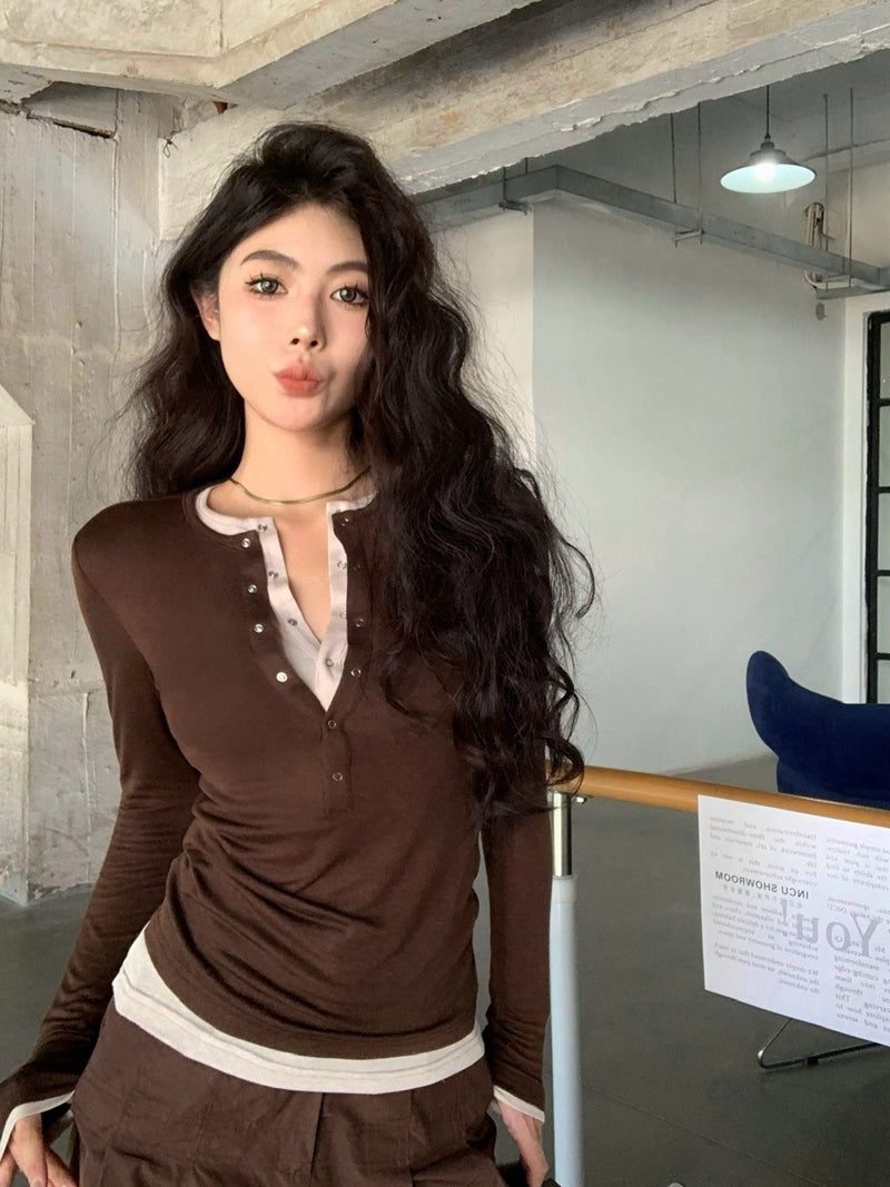 Two-in-One Contrast Long-Sleeve Versatile Layering Tee(BROWN)