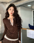 Two-in-One Contrast Long-Sleeve Versatile Layering Tee(BROWN)
