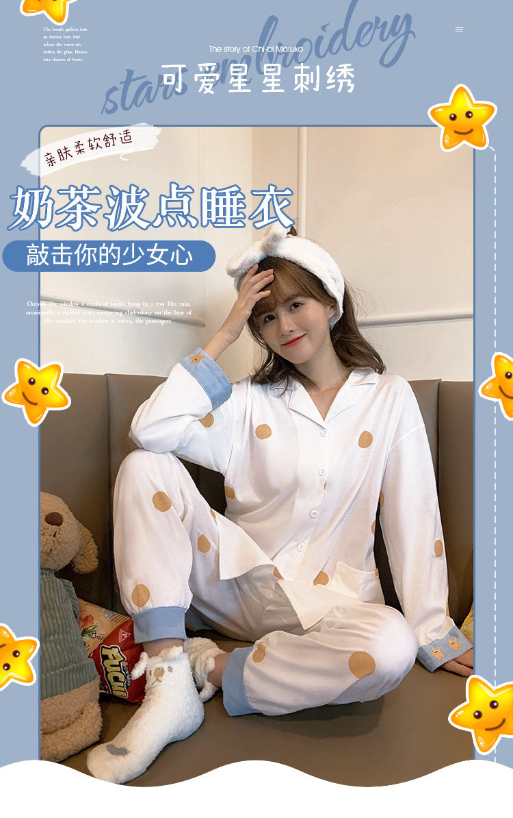 Milk Tea Dots Star Embroidered Cotton Pajamas