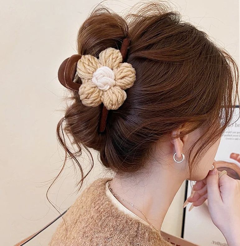 Flocked Handmade Knitted Flower Shark Clip