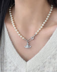 Vivienne Westwood-Inspired Saturn Brooch Rhinestone Necklace 