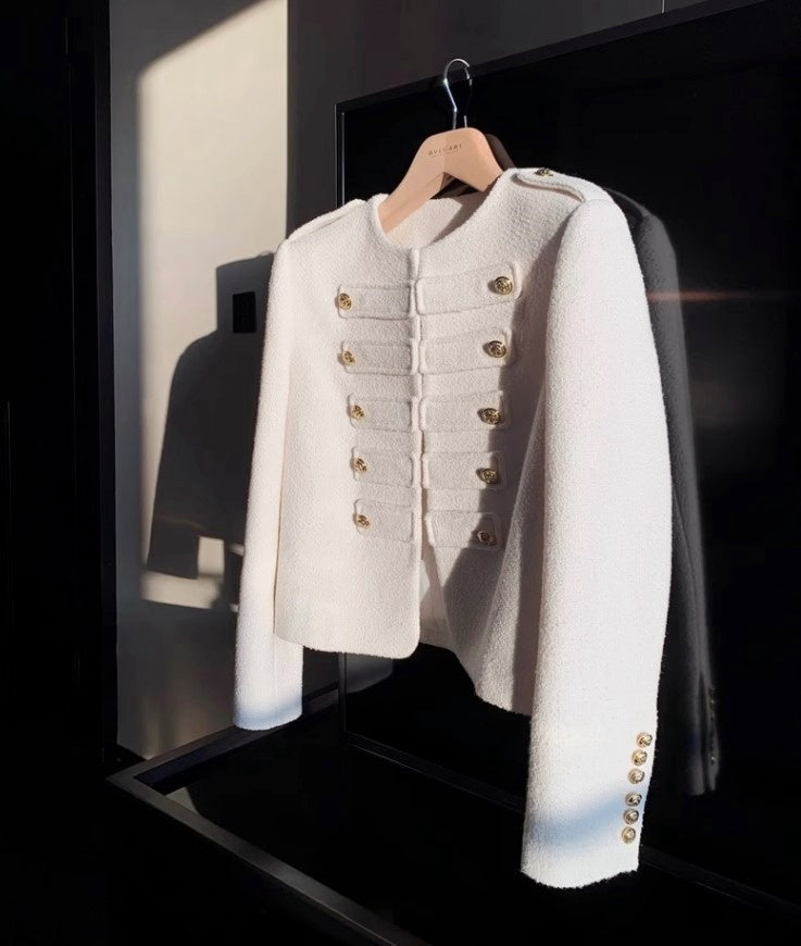 Knight Military Style Double-Breasted Gold Button Tweed Jacket