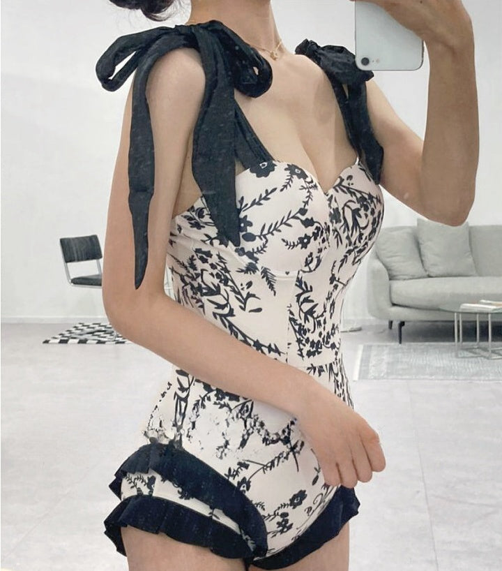 Black and White One-Piece With French Flounces