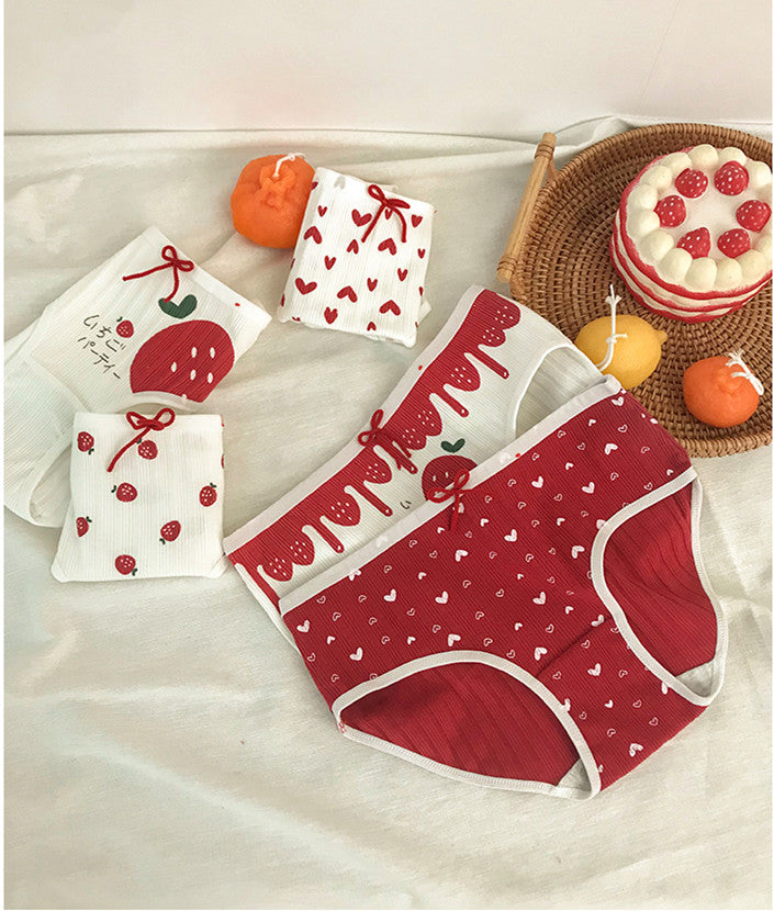 3 Pieces of Cotton Antibacterial Breathable Low Waist Strawberry Underwear