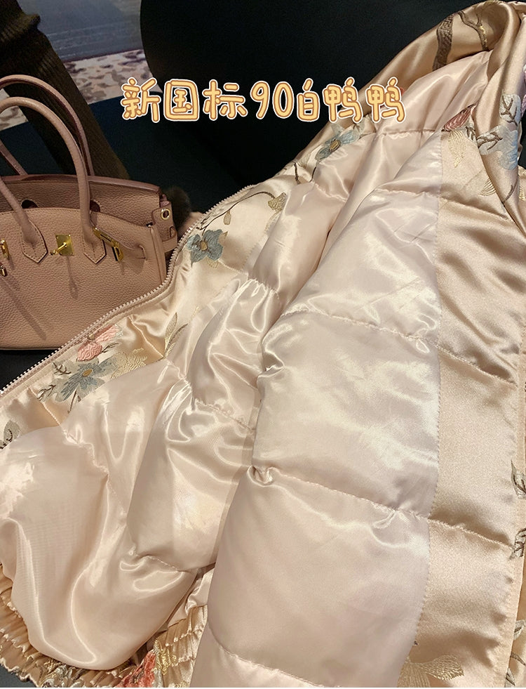 Chinese Style Satin Jacquard Loose Fit Stylish Baseball Puffer Jacket