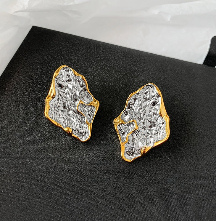 Vintage Ear Studs with Gold and Silver Lava Texture