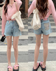 Retro Pink Woven Patch Wide-Legged Denim Shorts