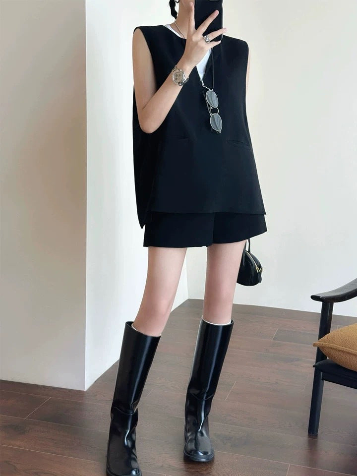 Tailored Wool Vest and A-Line Wide-Leg Shorts Set