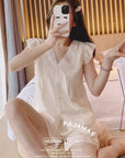 Summer Sweet Lace Crochet V-Neck Pure Satin Pajamas