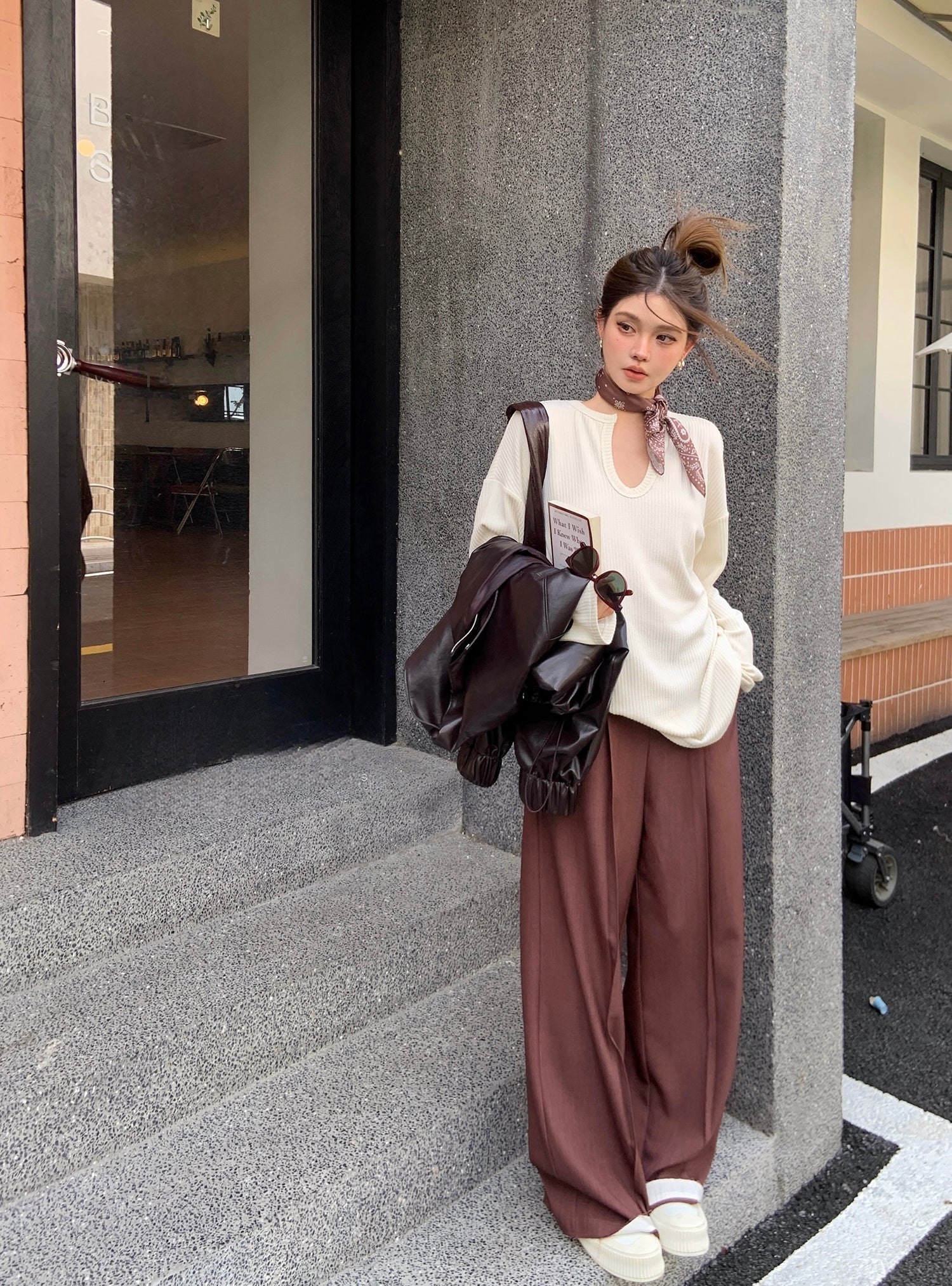 Loose Fit Ribbed U-Neck Drop Shoulder Long Sleeve Top