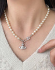 Vivienne Westwood-Inspired Saturn Brooch Rhinestone Necklace 
