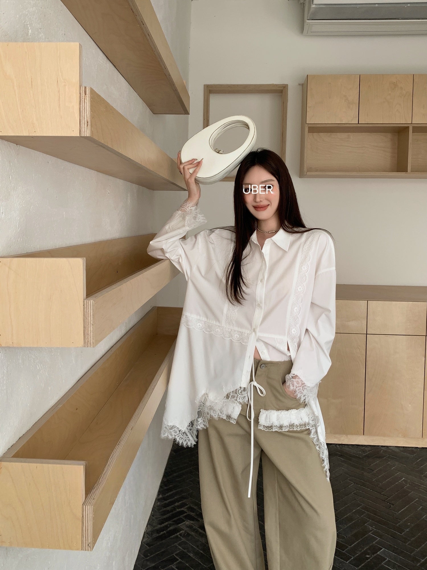 Designer Lace Panel Asymmetrical Shirt