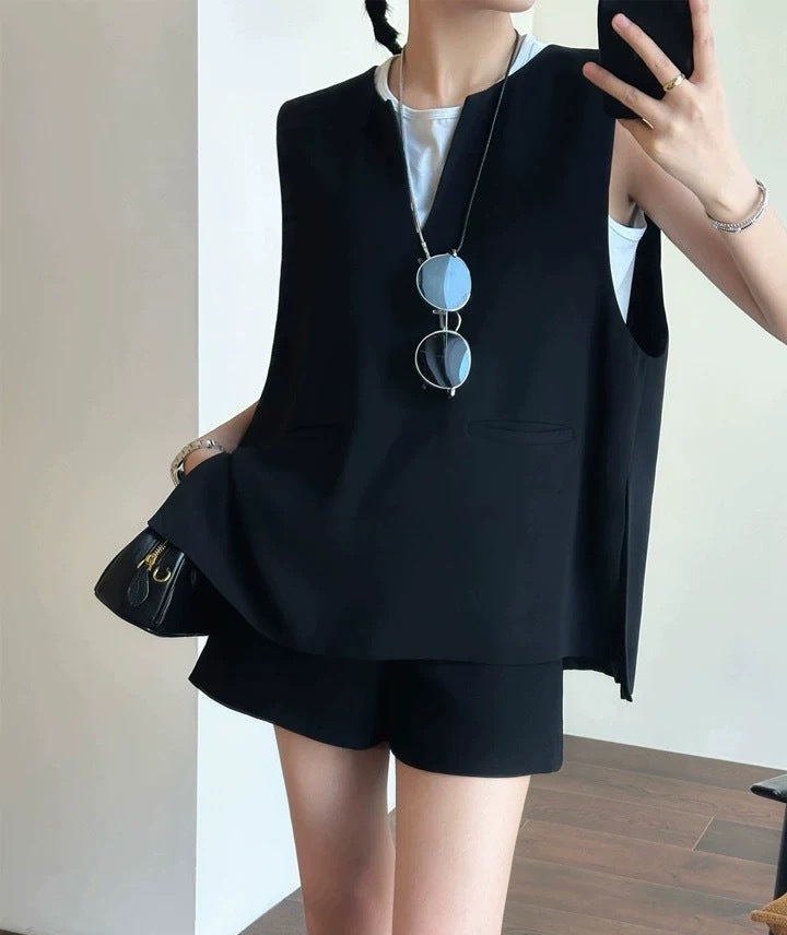Tailored Wool Vest and A-Line Wide-Leg Shorts Set