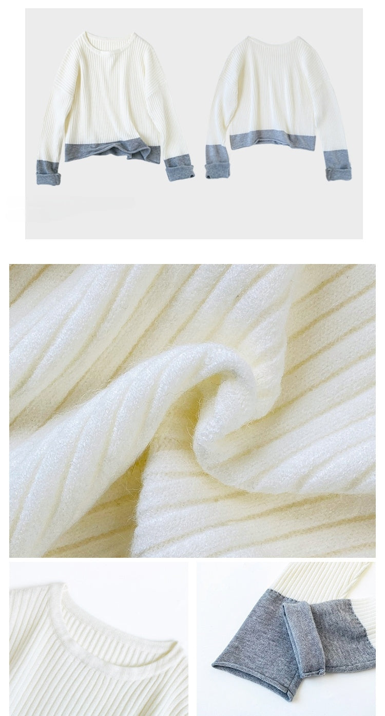 Color-Block Sleeve Ribbed Knit Top