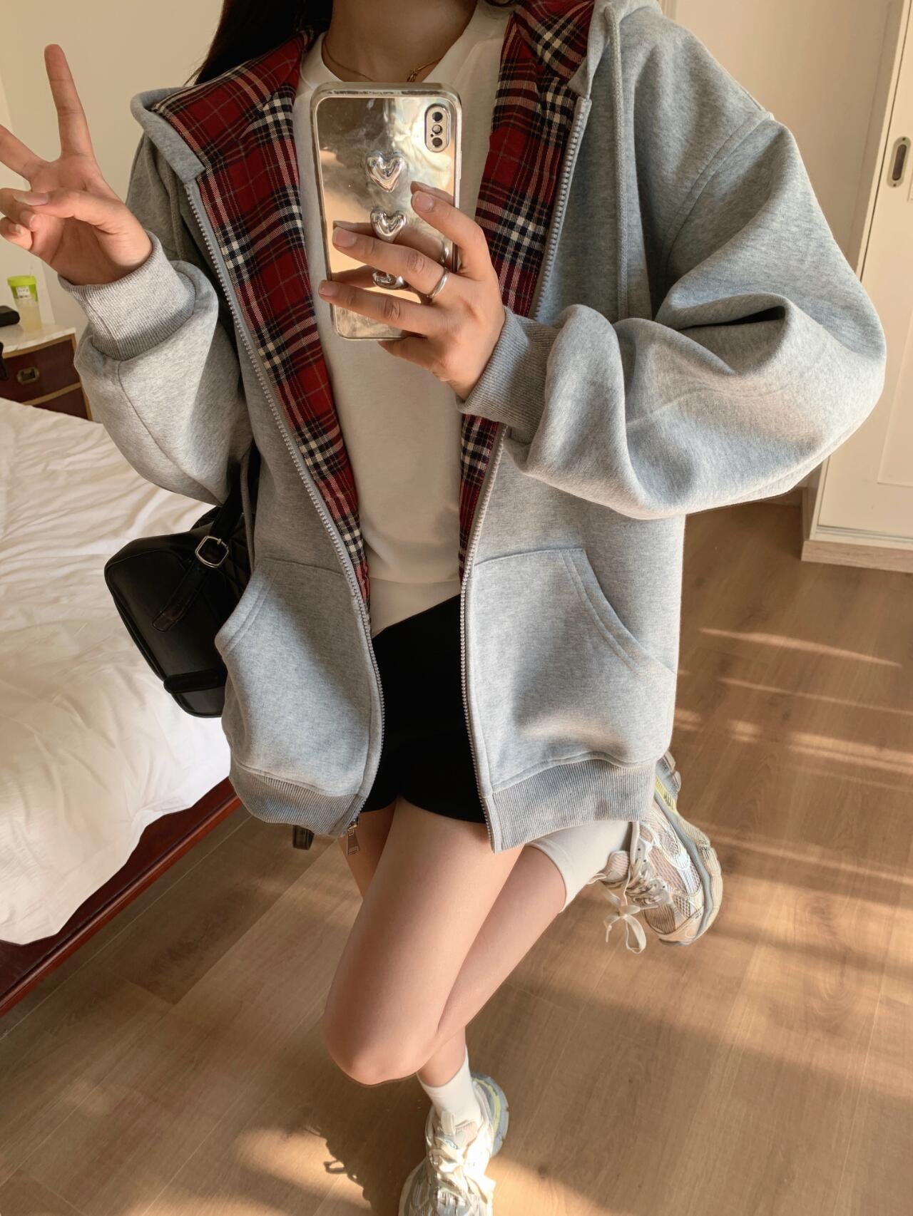American BM Style Grey Plaid Fleece Hoodie (450g)