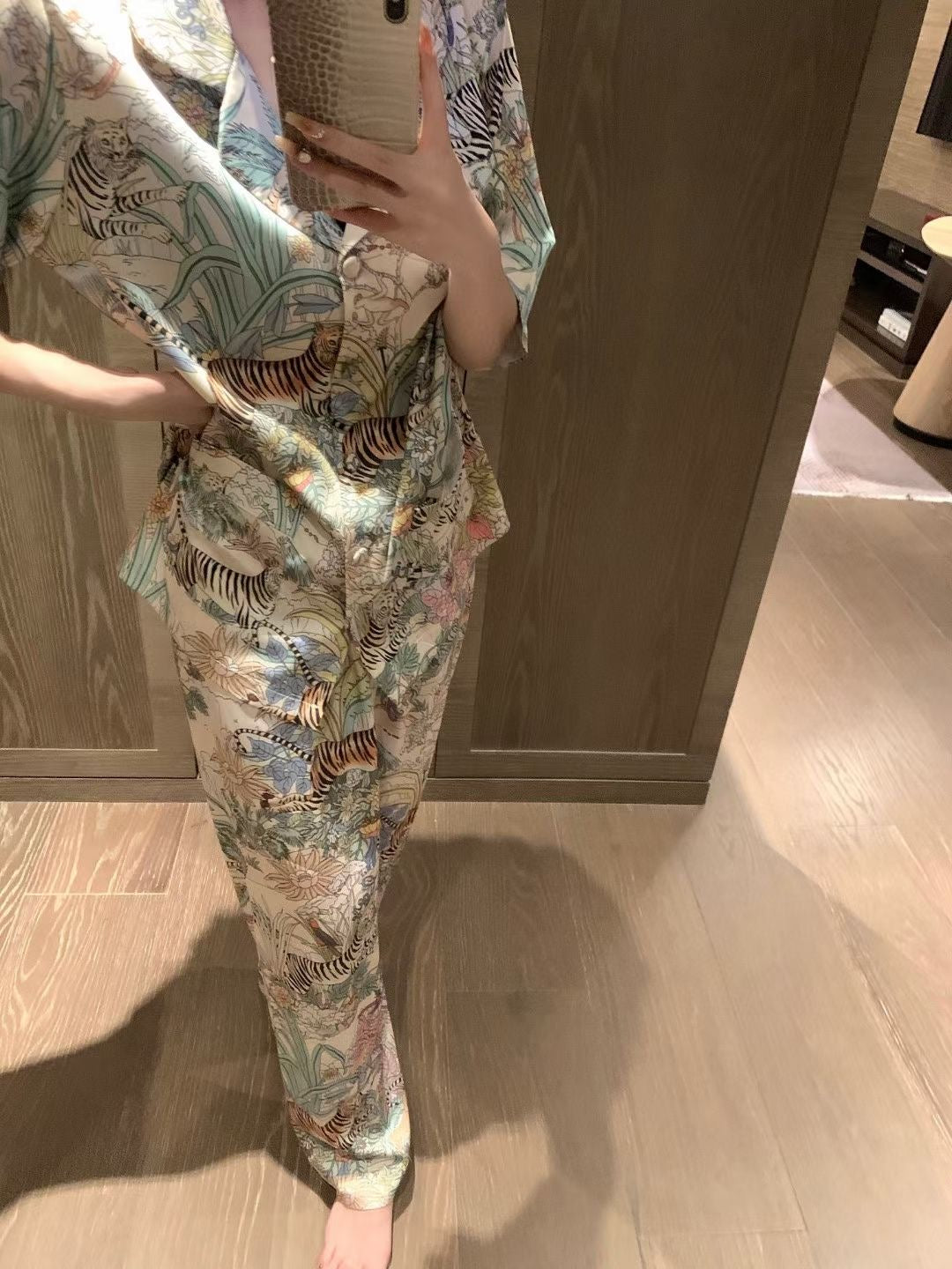 Zoo-themed faux silk pajama set