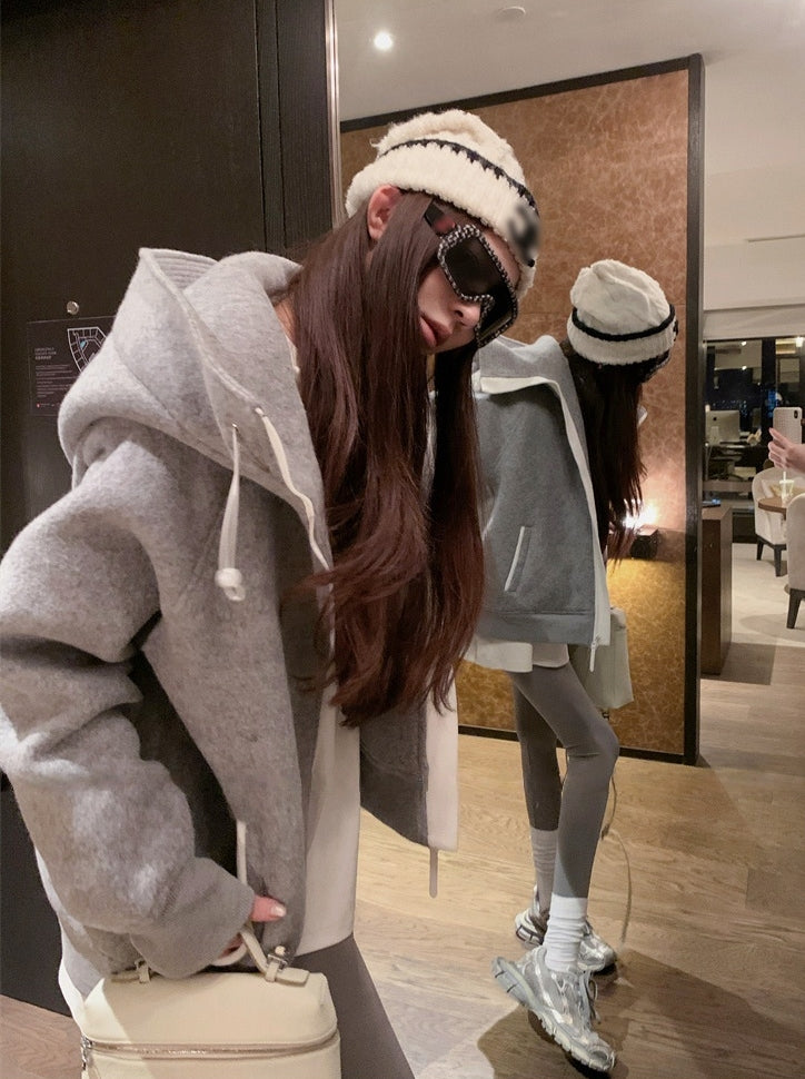 Heavy-Duty Grey Wool-Blend Hooded Bomber Jacket