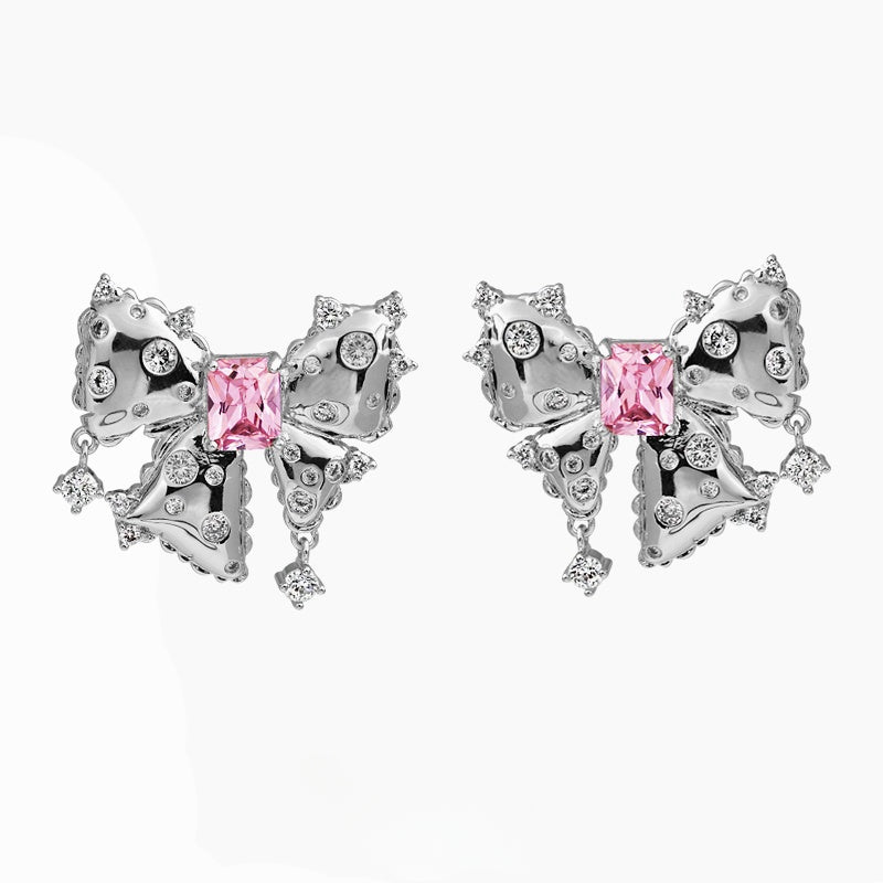 Sweet and Elegant Pink Zircon Butterfly Knot Earrings