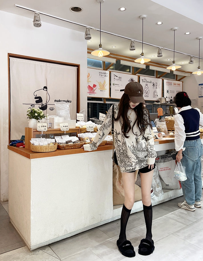 Lazy Style Printed Round Neck Knit Sweater