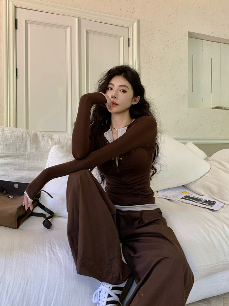 Two-in-One Contrast Long-Sleeve Versatile Layering Tee(BROWN)