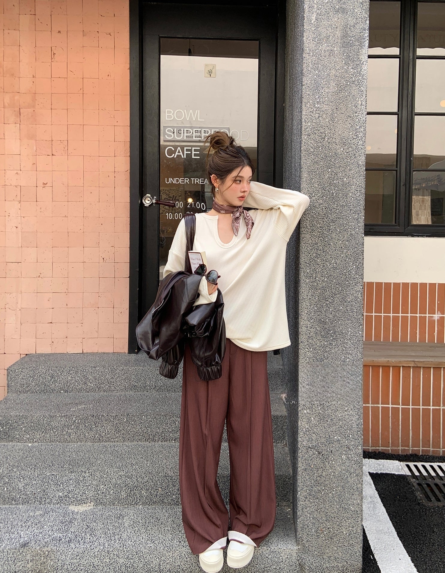 Loose Fit Ribbed U-Neck Drop Shoulder Long Sleeve Top