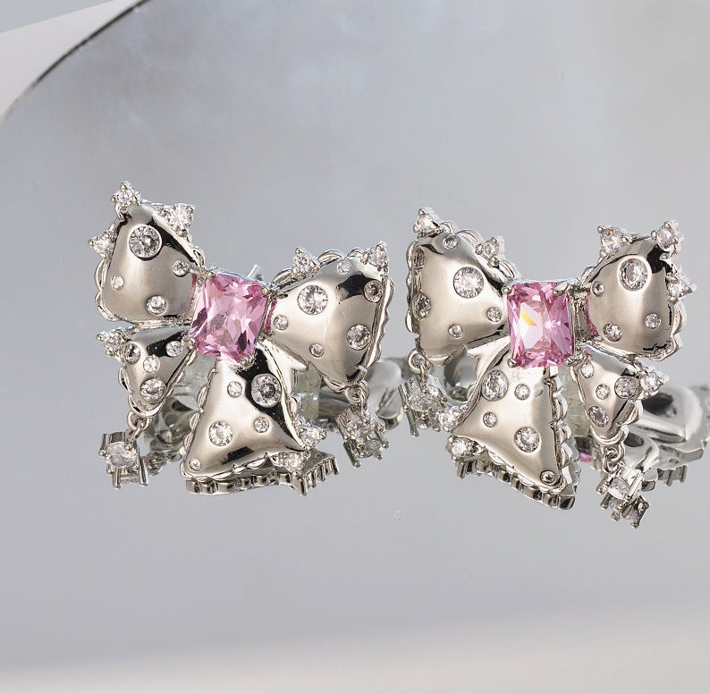 Sweet and Elegant Pink Zircon Butterfly Knot Earrings