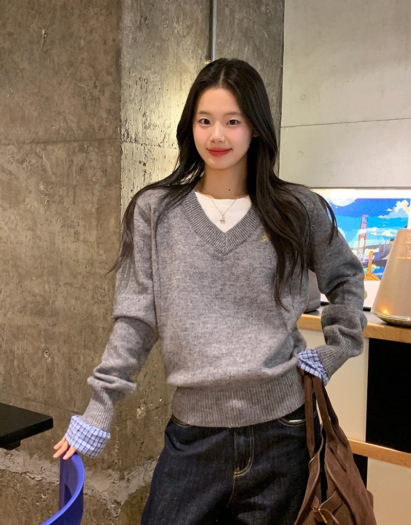Grey Plaid Panel Knit Top – Faux Two-Piece Long Sleeve