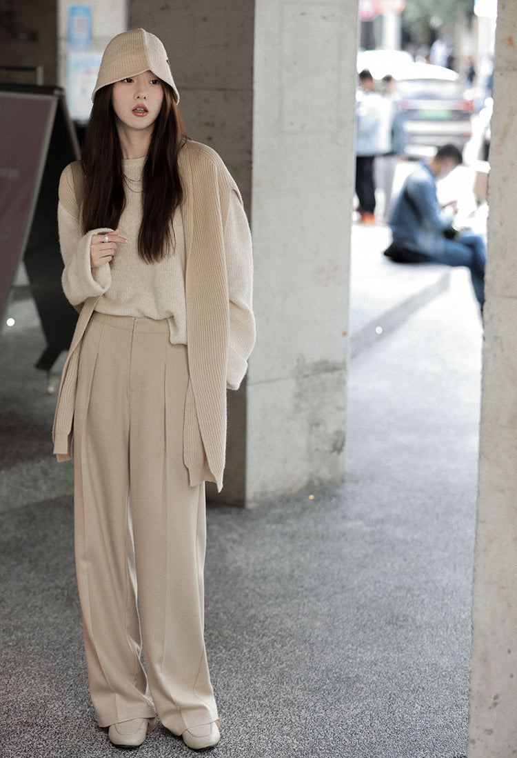 High-waisted Thickened Wool Blend Wide-leg Pants with Drape