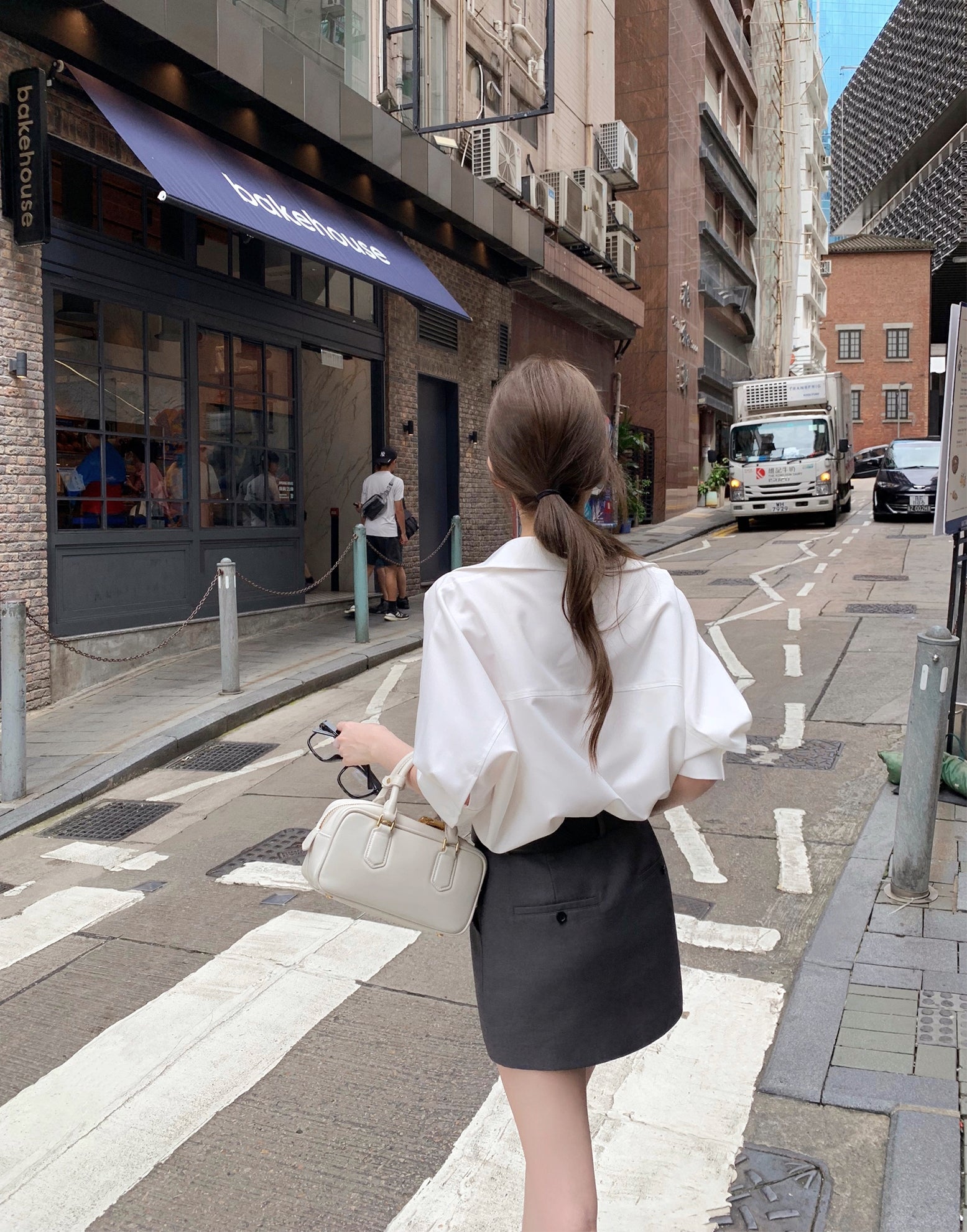 Elegant Layered-Style White Shirt and Gray Dress