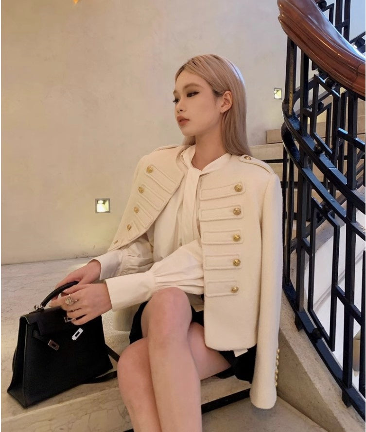 Knight Military Style Double-Breasted Gold Button Tweed Jacket