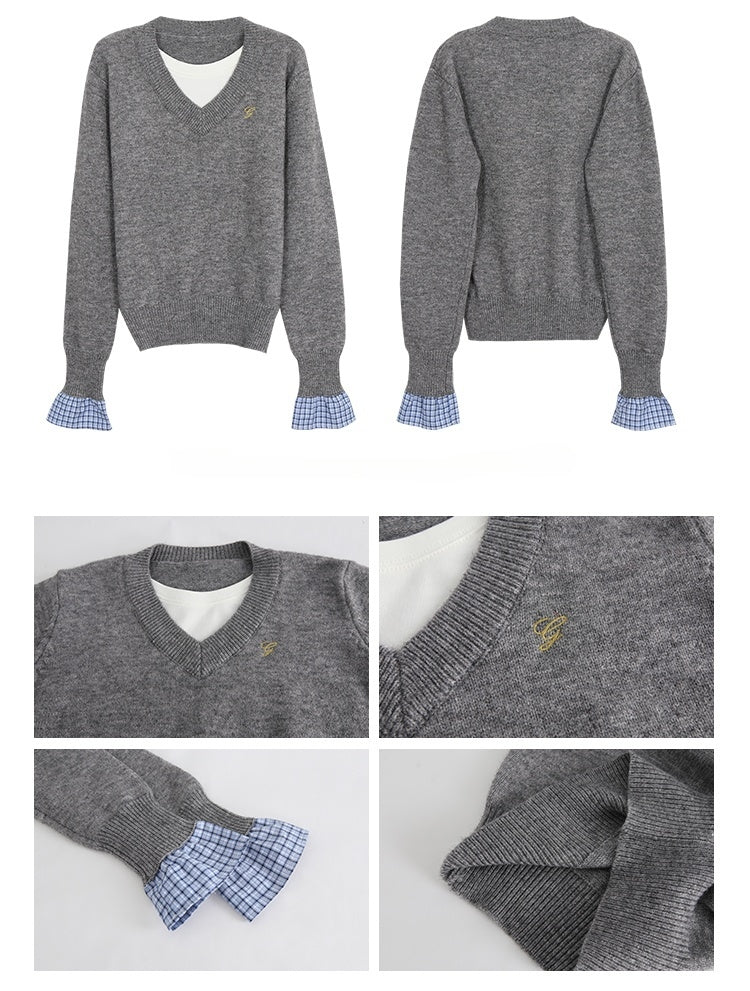 Grey Plaid Panel Knit Top – Faux Two-Piece Long Sleeve