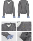 Grey Plaid Panel Knit Top – Faux Two-Piece Long Sleeve