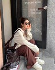 Loose Fit Ribbed U-Neck Drop Shoulder Long Sleeve Top