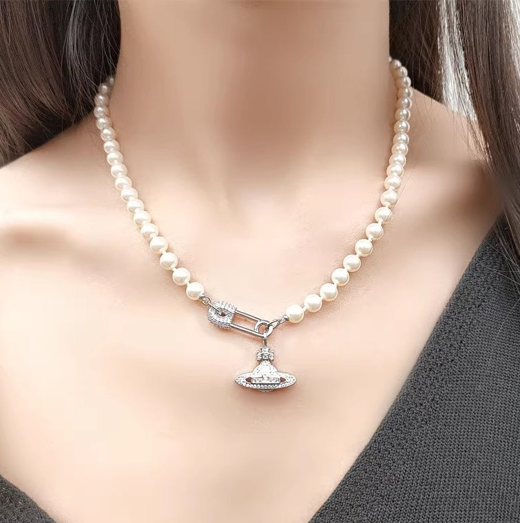 Vivienne Westwood-Inspired Saturn Brooch Rhinestone Necklace  