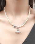 Vivienne Westwood-Inspired Saturn Brooch Rhinestone Necklace 