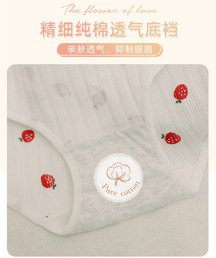 3 Pieces of Cotton Antibacterial Breathable Low Waist Strawberry Underwear