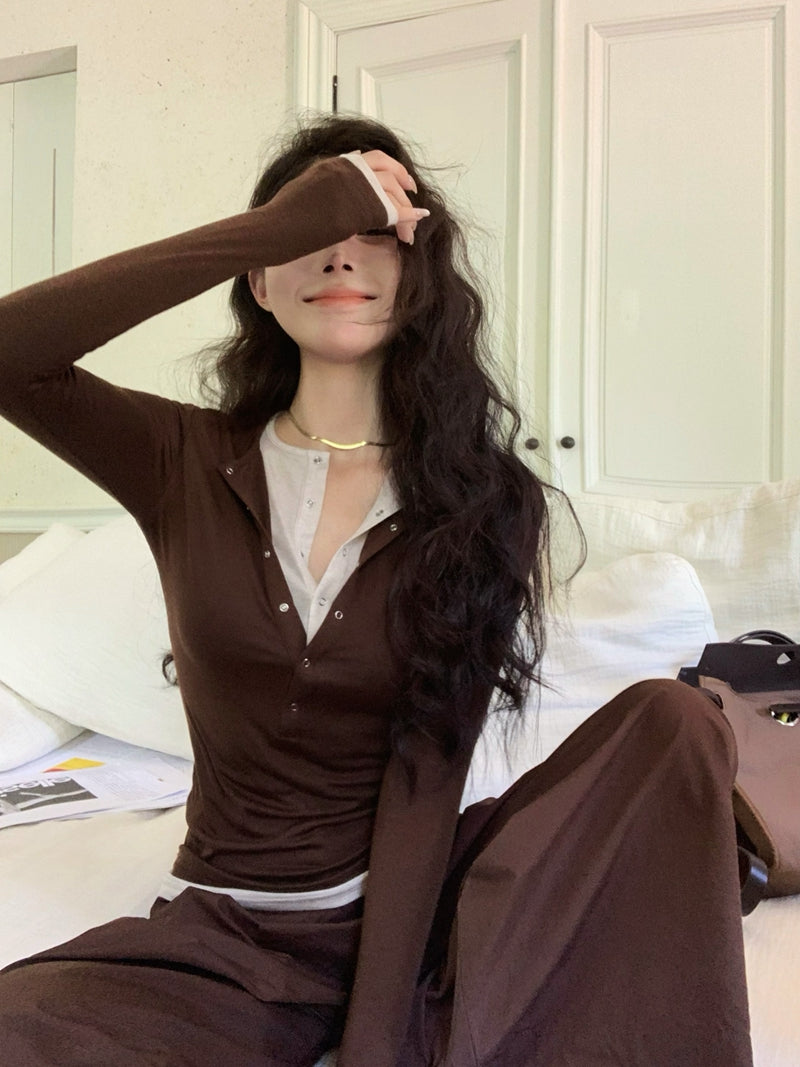 Two-in-One Contrast Long-Sleeve Versatile Layering Tee(BROWN)