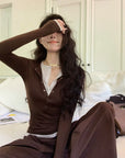 Two-in-One Contrast Long-Sleeve Versatile Layering Tee(BROWN)